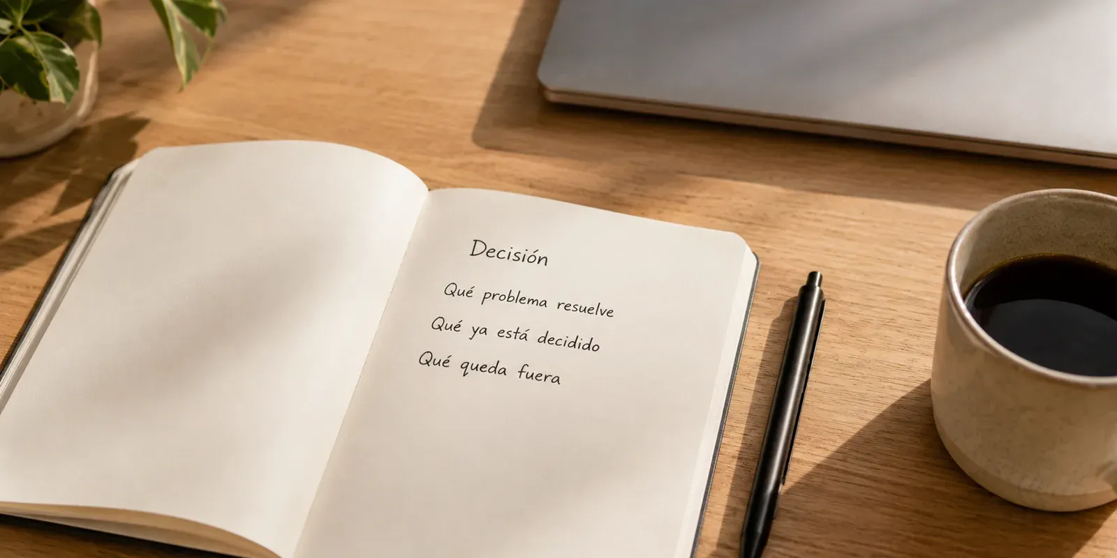 Una libreta abierta sobre un escritorio de roble, escrita a mano bajo el título “Decisión”: qué problema resuelve, qué ya está decidido, qué queda fuera. Nada más en la página.
