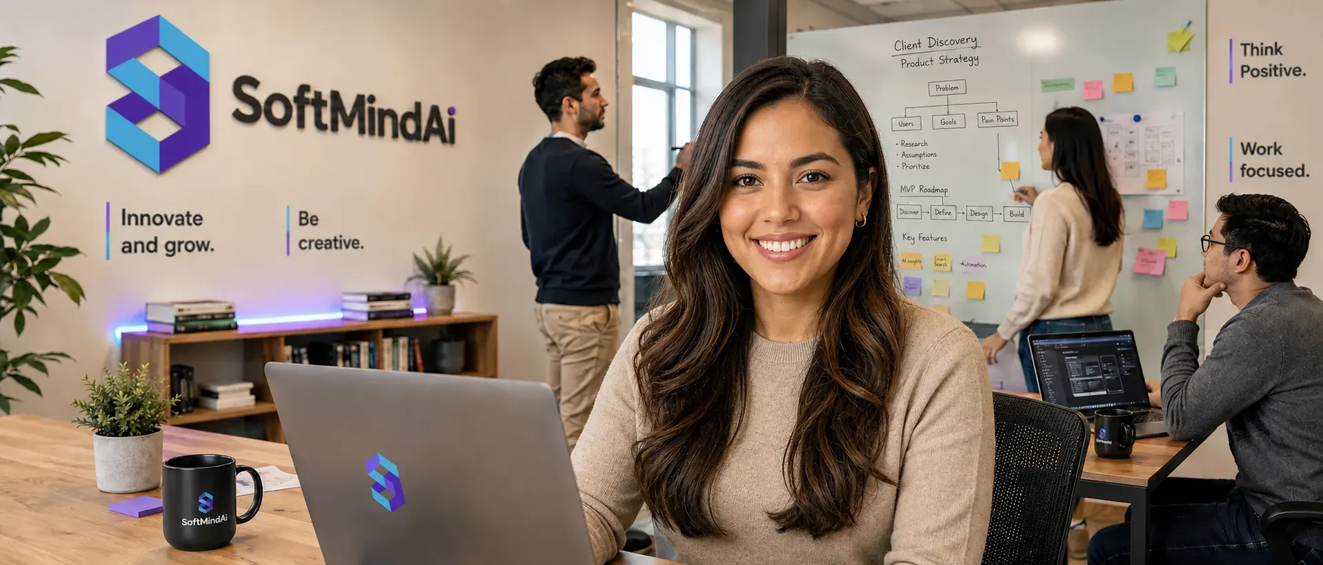 El equipo de SoftMindAi trabajando en la oficina: Mindy al frente en su escritorio y, al fondo, colegas frente a un tablero de estrategia de producto.