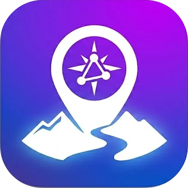 Icono de la app TuristaGO: un pin de mapa con una rosa de vientos y dos montañas, en blanco sobre un degradado violeta a azul.
