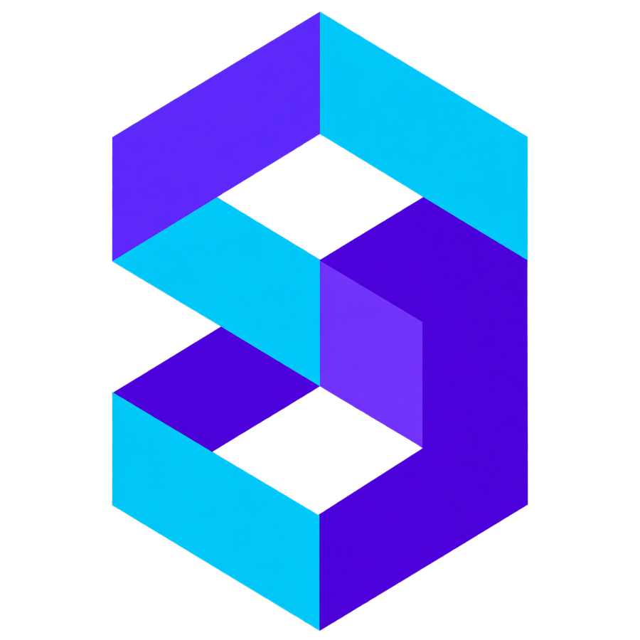 Isotipo de SoftMindAi: un cubo imposible en violeta y cian.